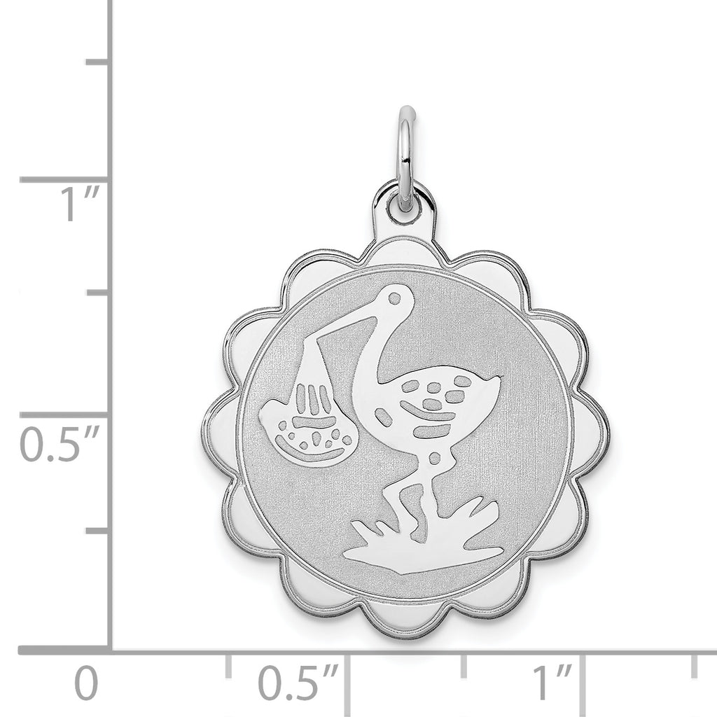 Sterling Silver 925 Stork Disc Charm Rhodium-Plated Polished Finish
