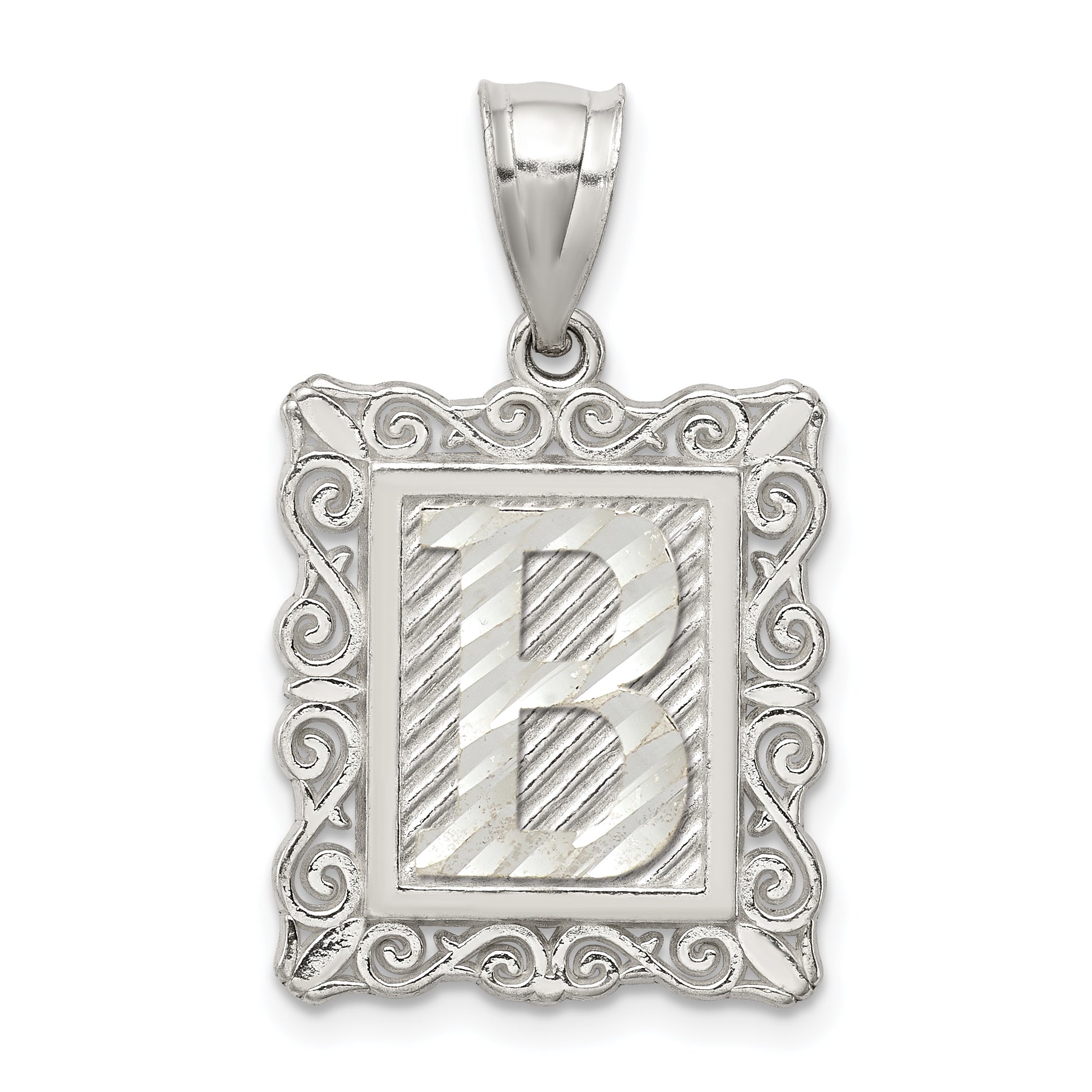 Sterling Silver Square Diamond-cut Letter B Initial Pendant Main image