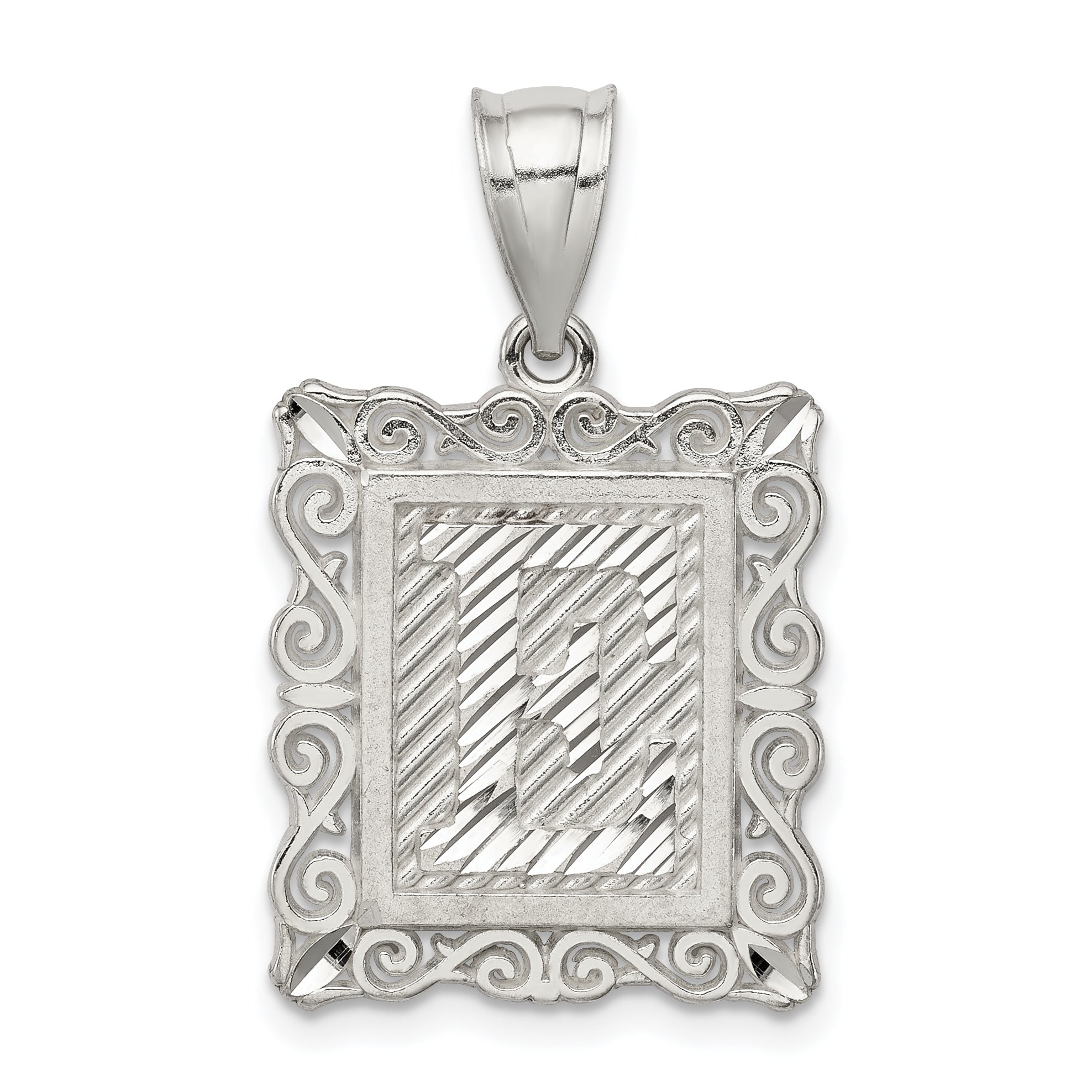 Sterling Silver Square Diamond-cut Letter E Initial Pendant Main image