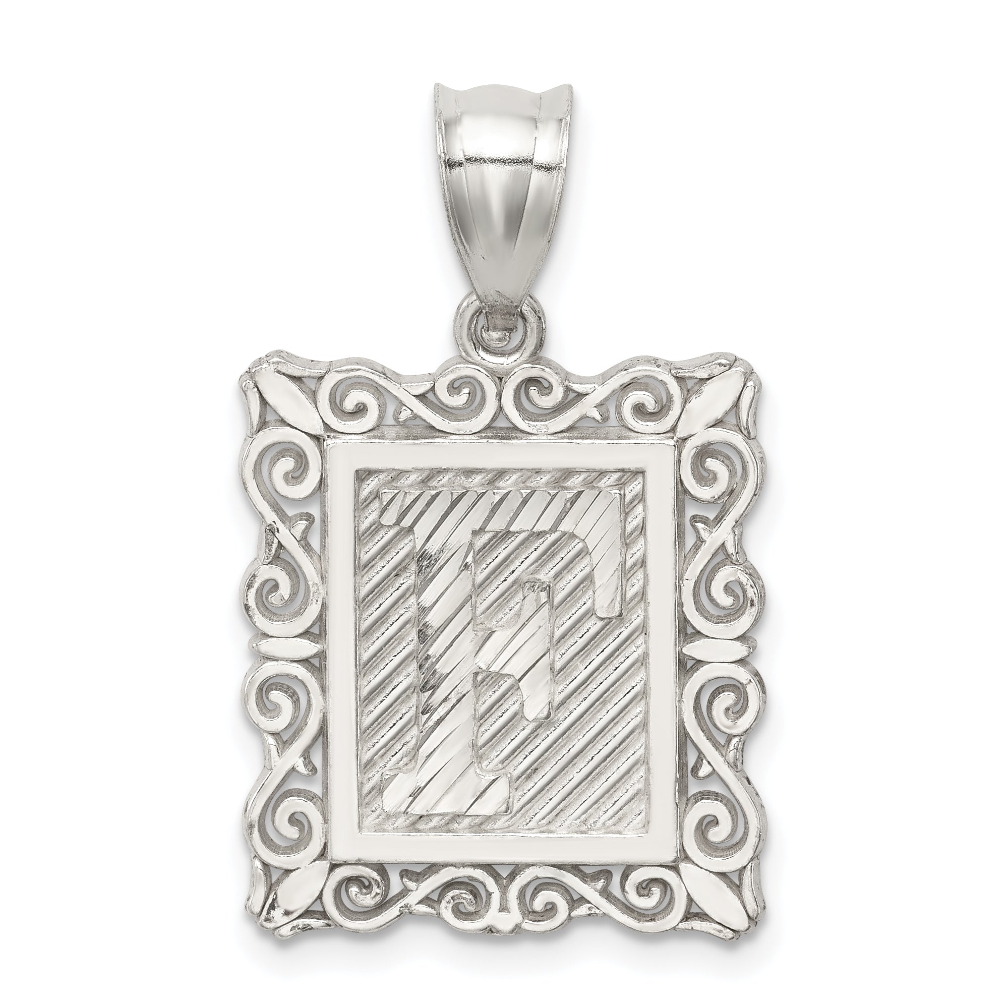 Sterling Silver Square Diamond-cut Letter F Initial Pendant Main image