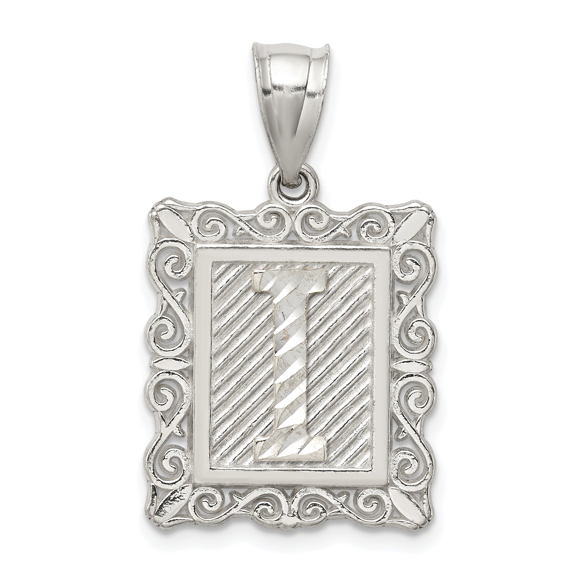 Sterling Silver Square Diamond-cut Letter I Initial Pendant Main image