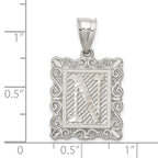 Sterling Silver Square Diamond-cut Letter N Initial Pendant