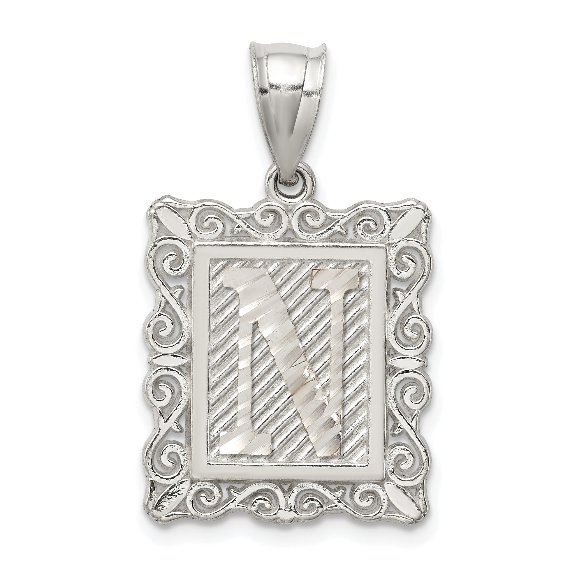 Sterling Silver Square Diamond-cut Letter N Initial Pendant Main image