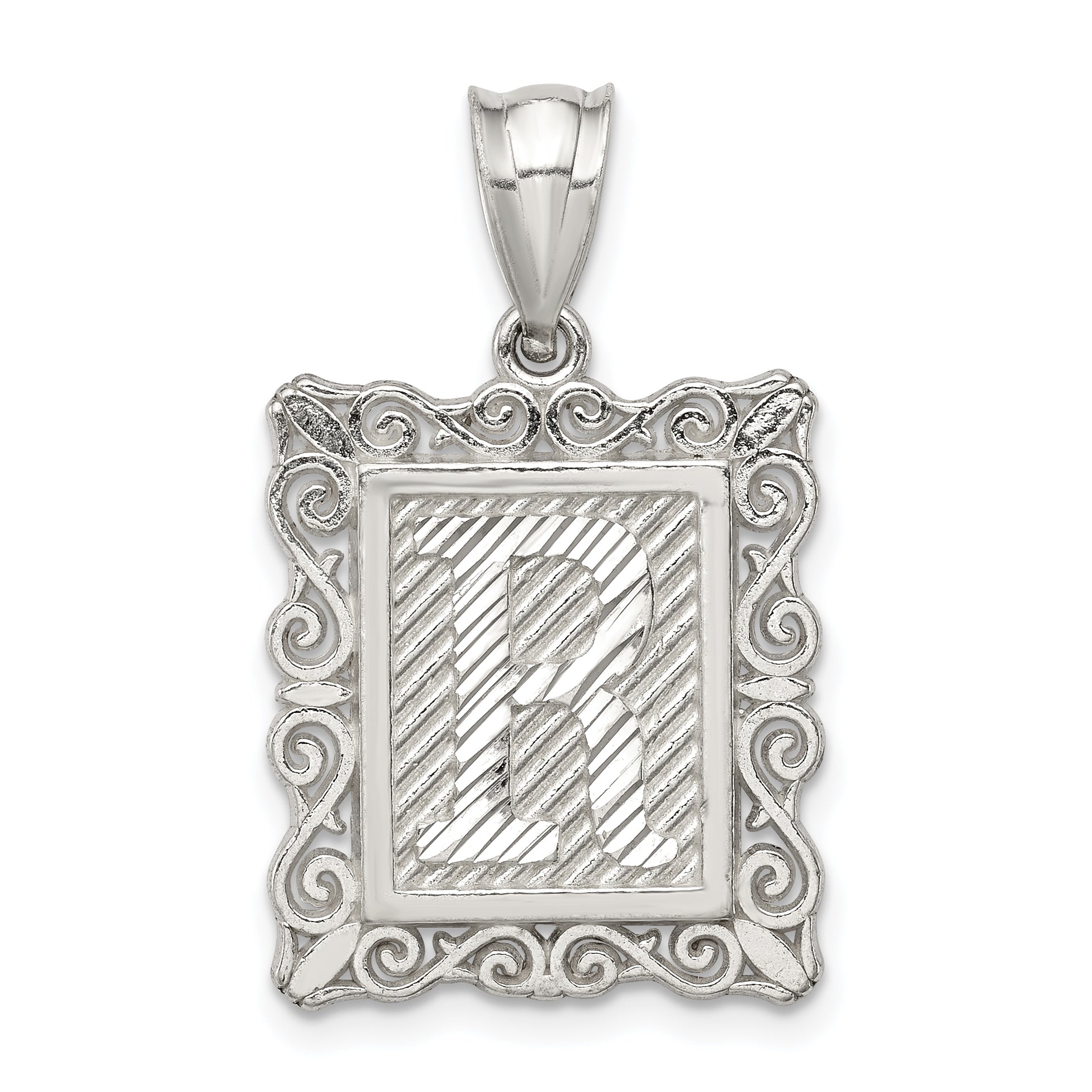 Sterling Silver Square Diamond-cut Letter R Initial Pendant Main image