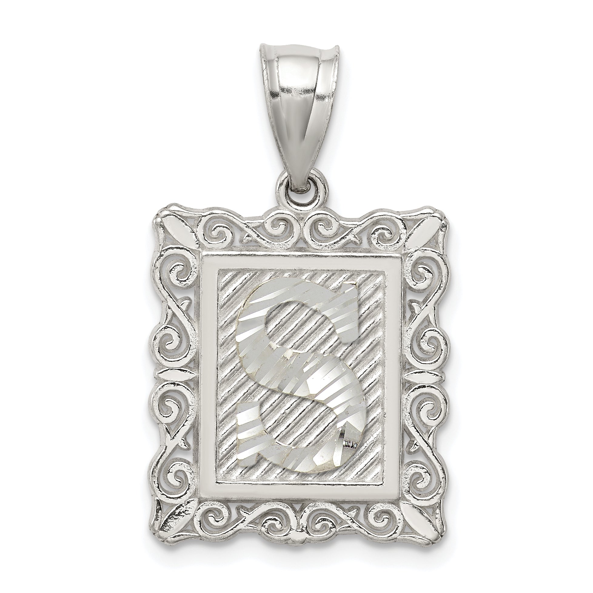 Sterling Silver Square Diamond-cut Letter S Initial Pendant Main image