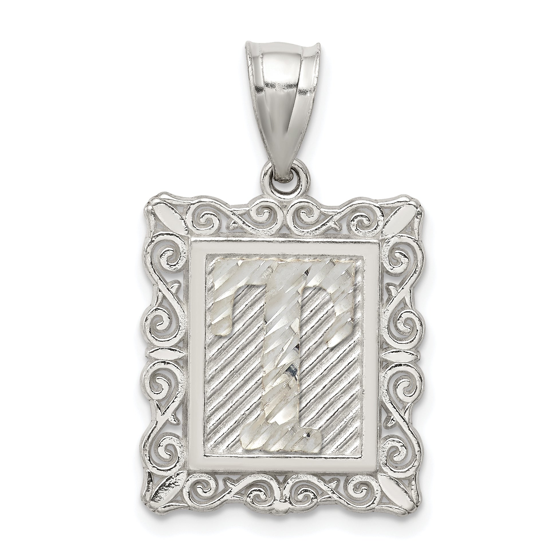 Sterling Silver Square Diamond-cut Letter T Initial Pendant Main image