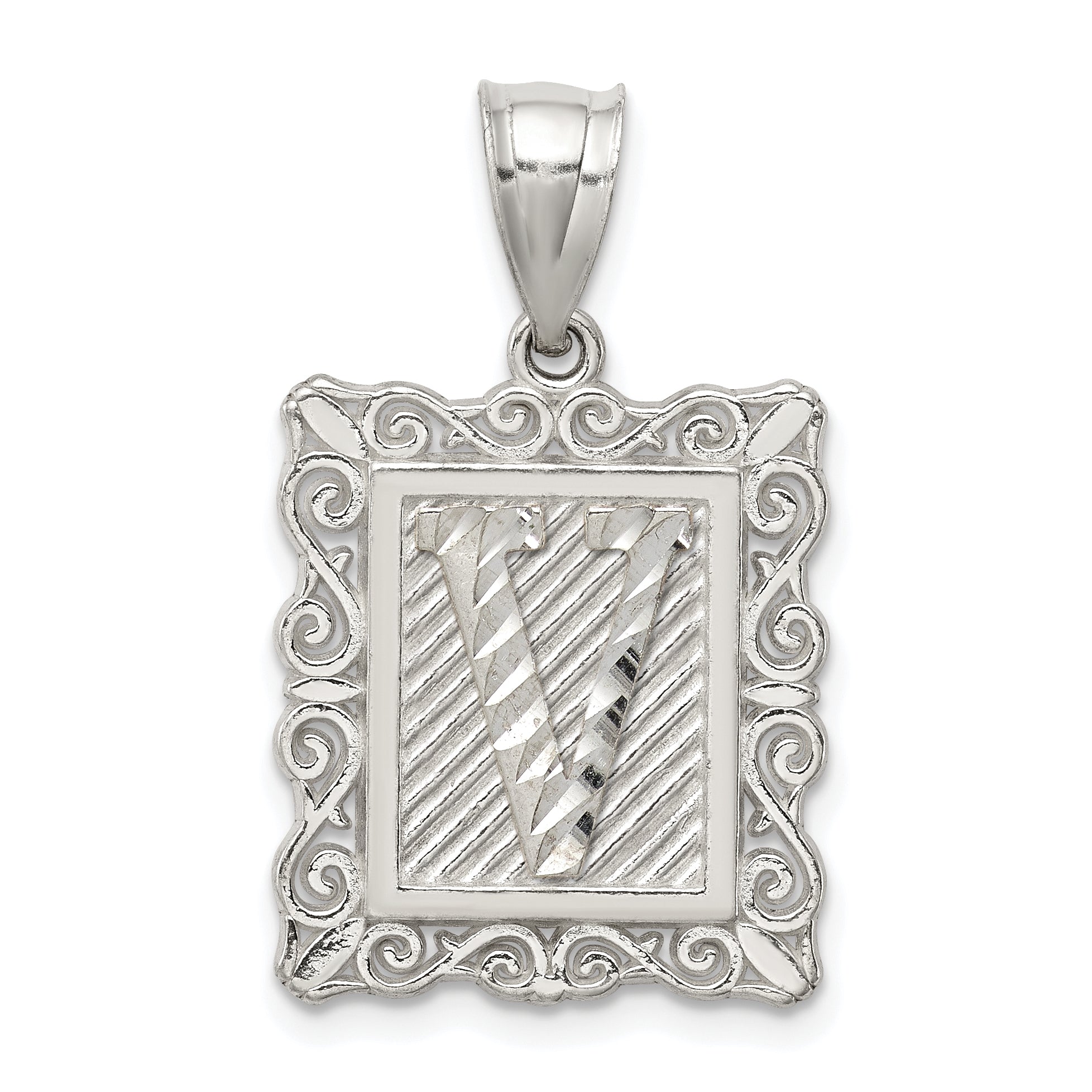 Sterling Silver Square Diamond-cut Letter V Initial Pendant Main image