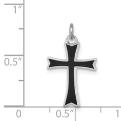 Sterling Silver Black Enameled Cross Charm with Rhodium-Plated Polished Finish