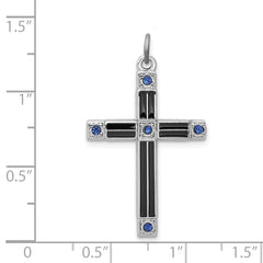 Sterling Silver Rhodium-Plated Blue CZ Cross Pendant with Enamel Detailing