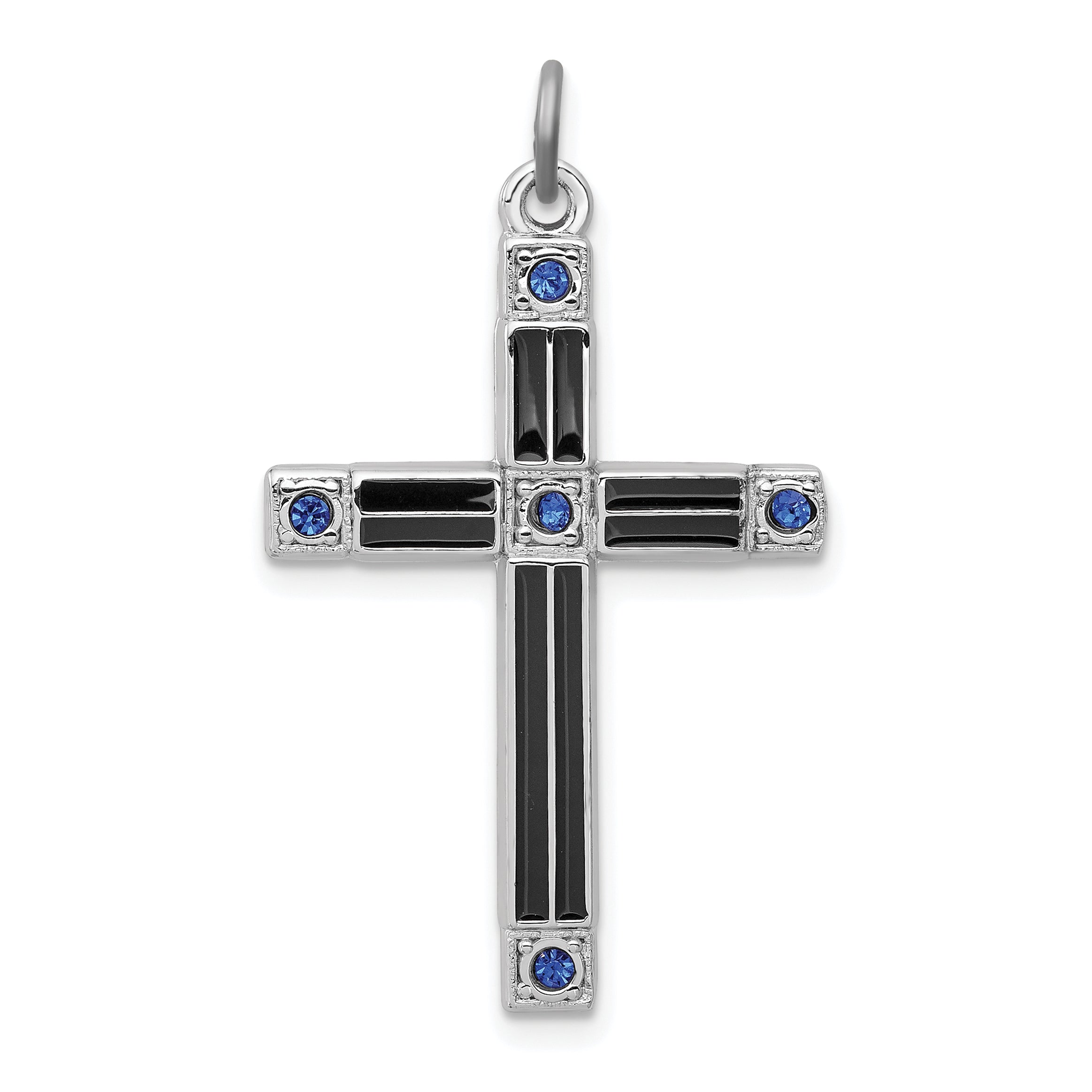 Sterling Silver Rhodium-plated Enameled & Blue CZ Cross Pendant Main image