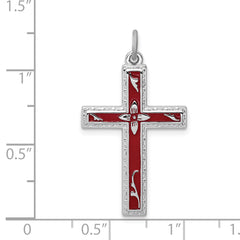 Sterling Silver Rhodium-Plated Red Enameled Cross Pendant with Polished Finish