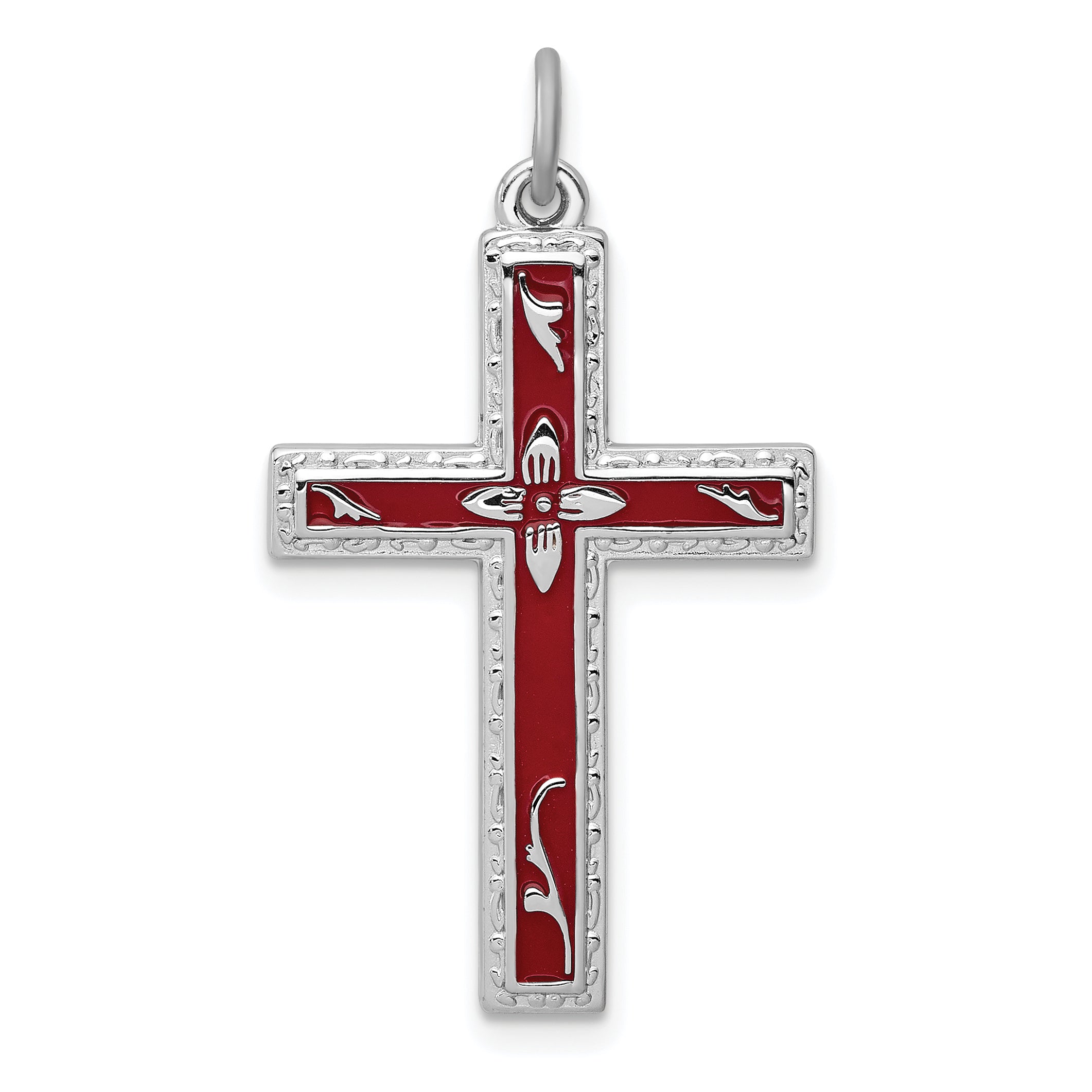 Sterling Silver Rhodium-plated Red Enameled Cross Pendant Main image