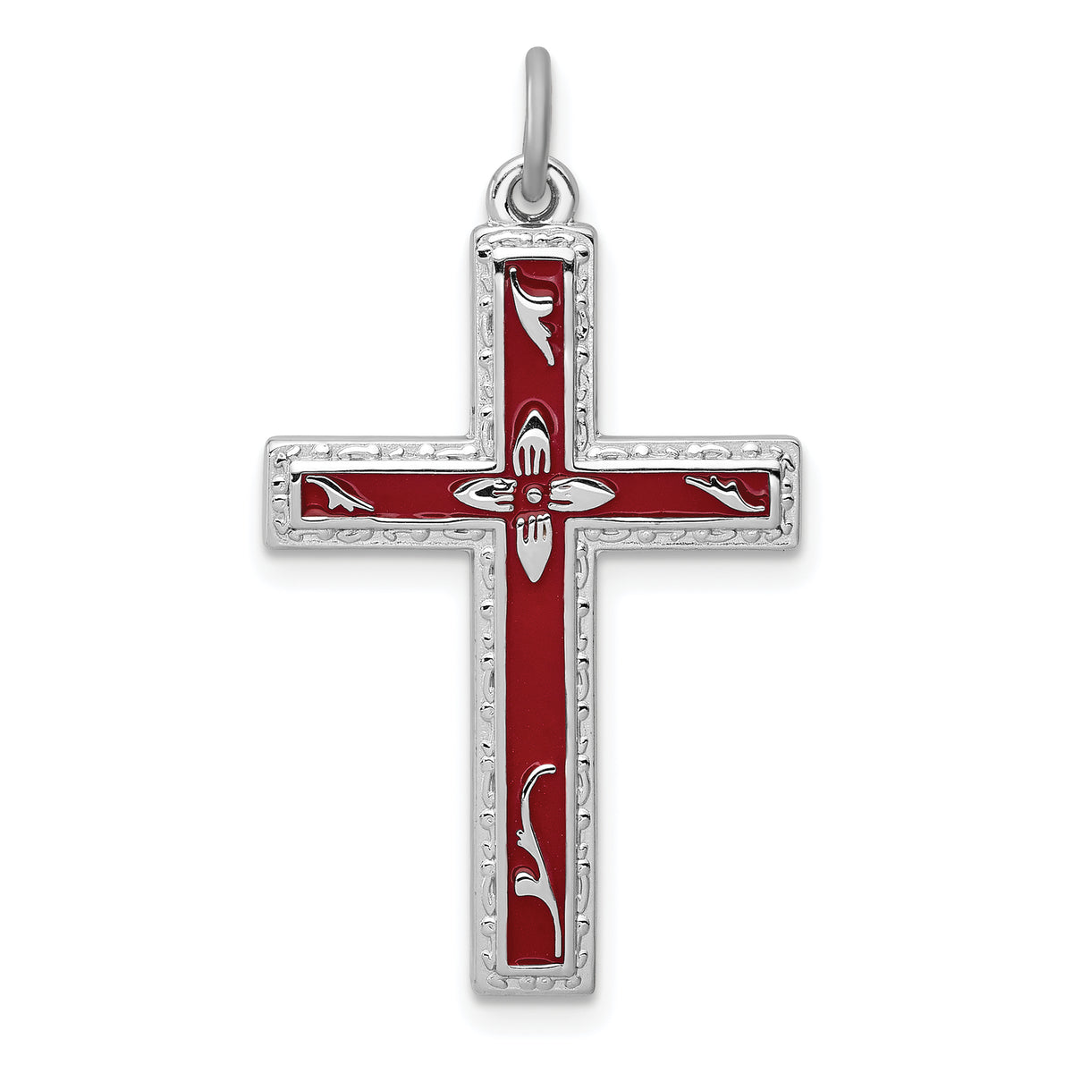 Sterling Silver Rhodium-plated Red Enameled Cross Pendant