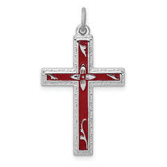 Sterling Silver Rhodium-plated Red Enameled Cross Pendant