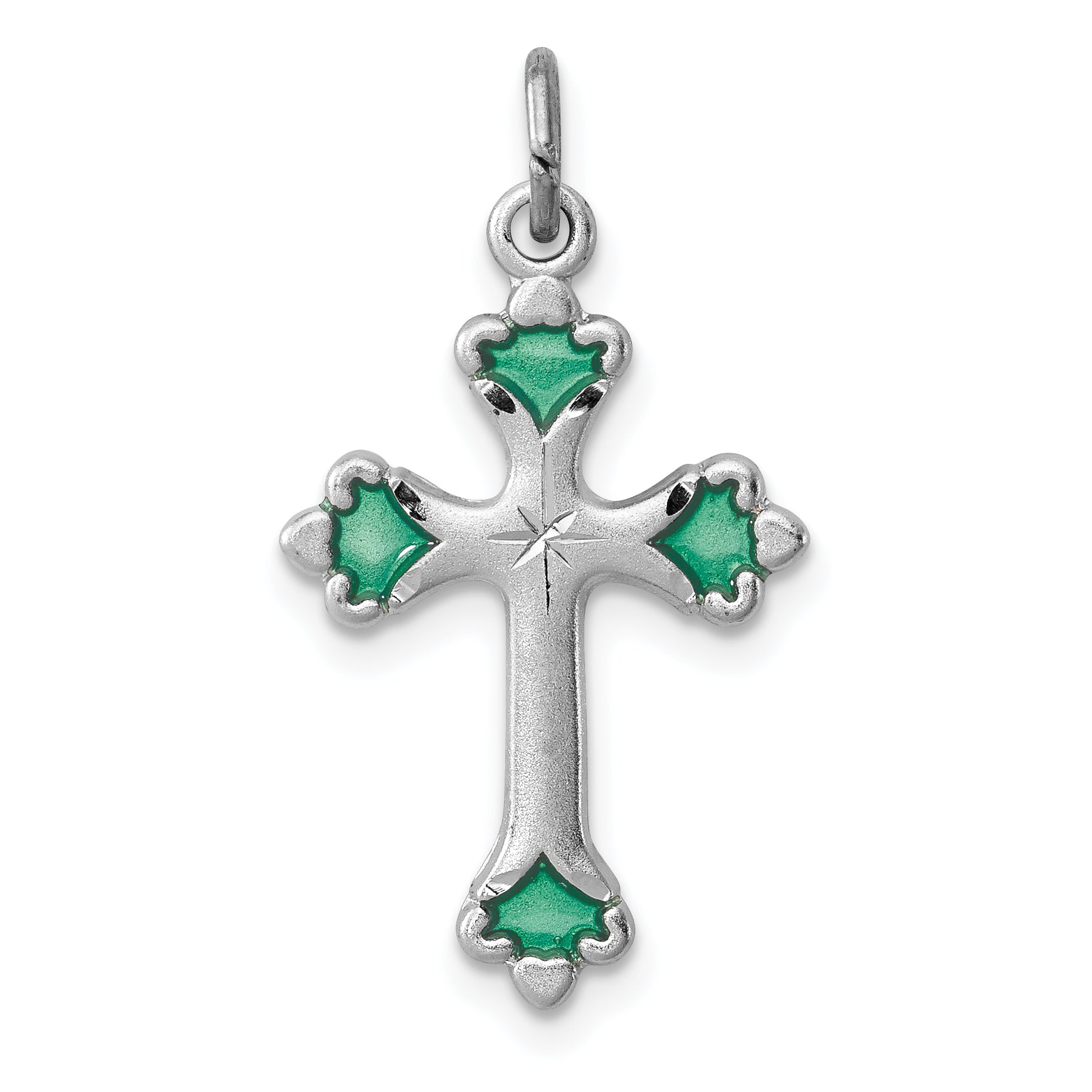Sterling Silver Rhodium-plated Green Enameled Budded Cross Charm Main image