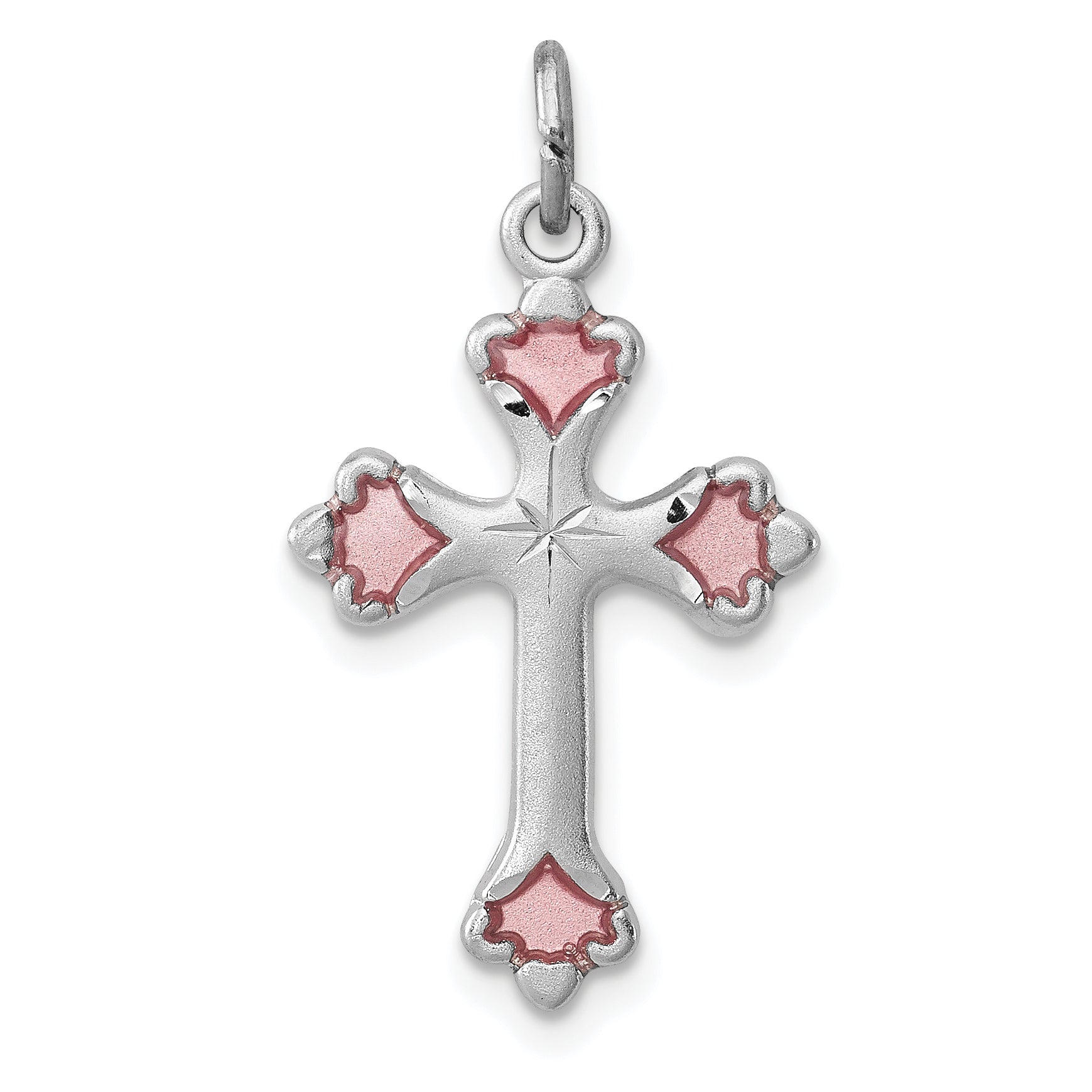 Sterling Silver Rhodium-plated Pink Enameled Budded Cross Charm Main image