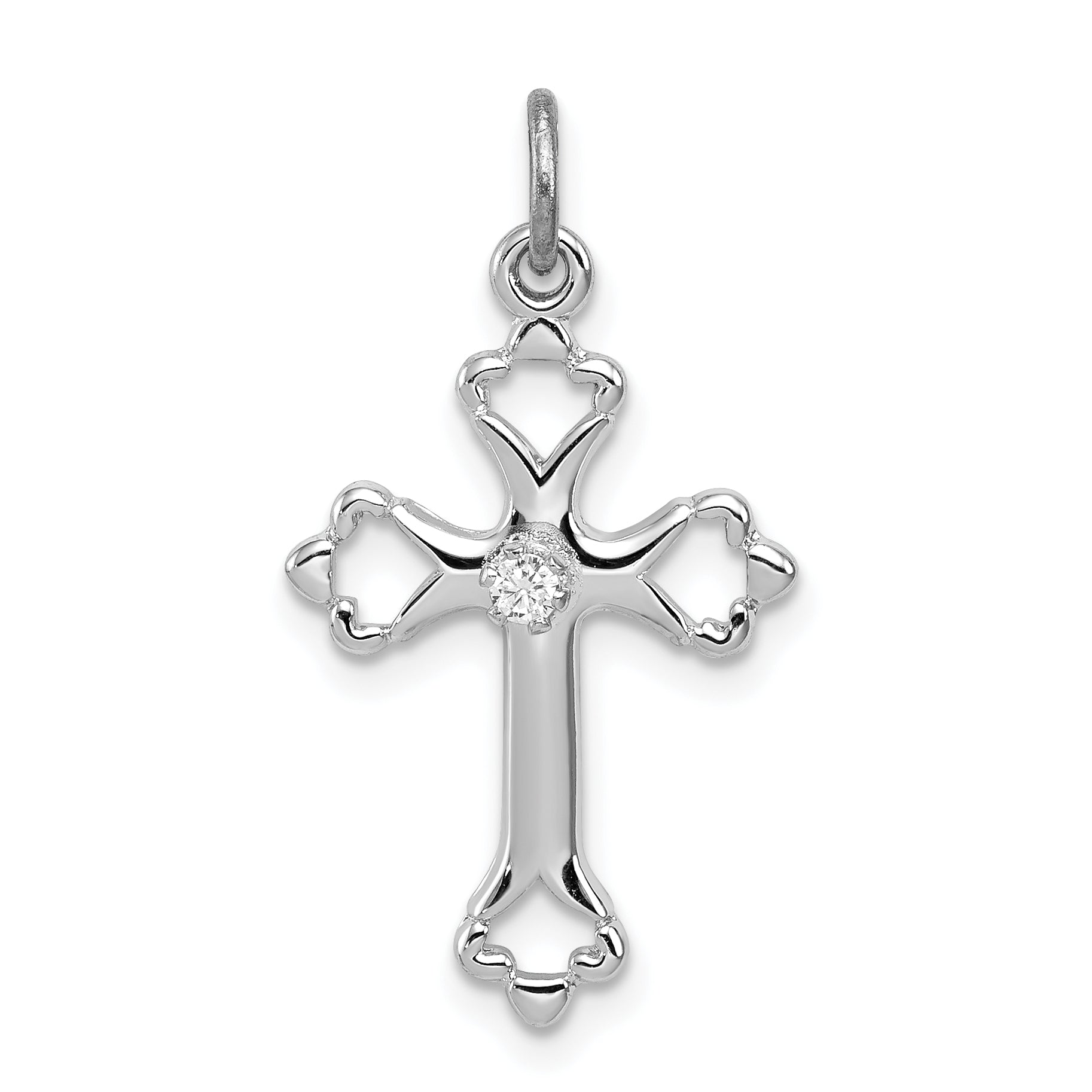 Sterling Silver Rhodium-plated Budded Cross w/CZ Charm