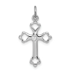 Sterling Silver Rhodium-plated Budded Cross w/CZ Charm