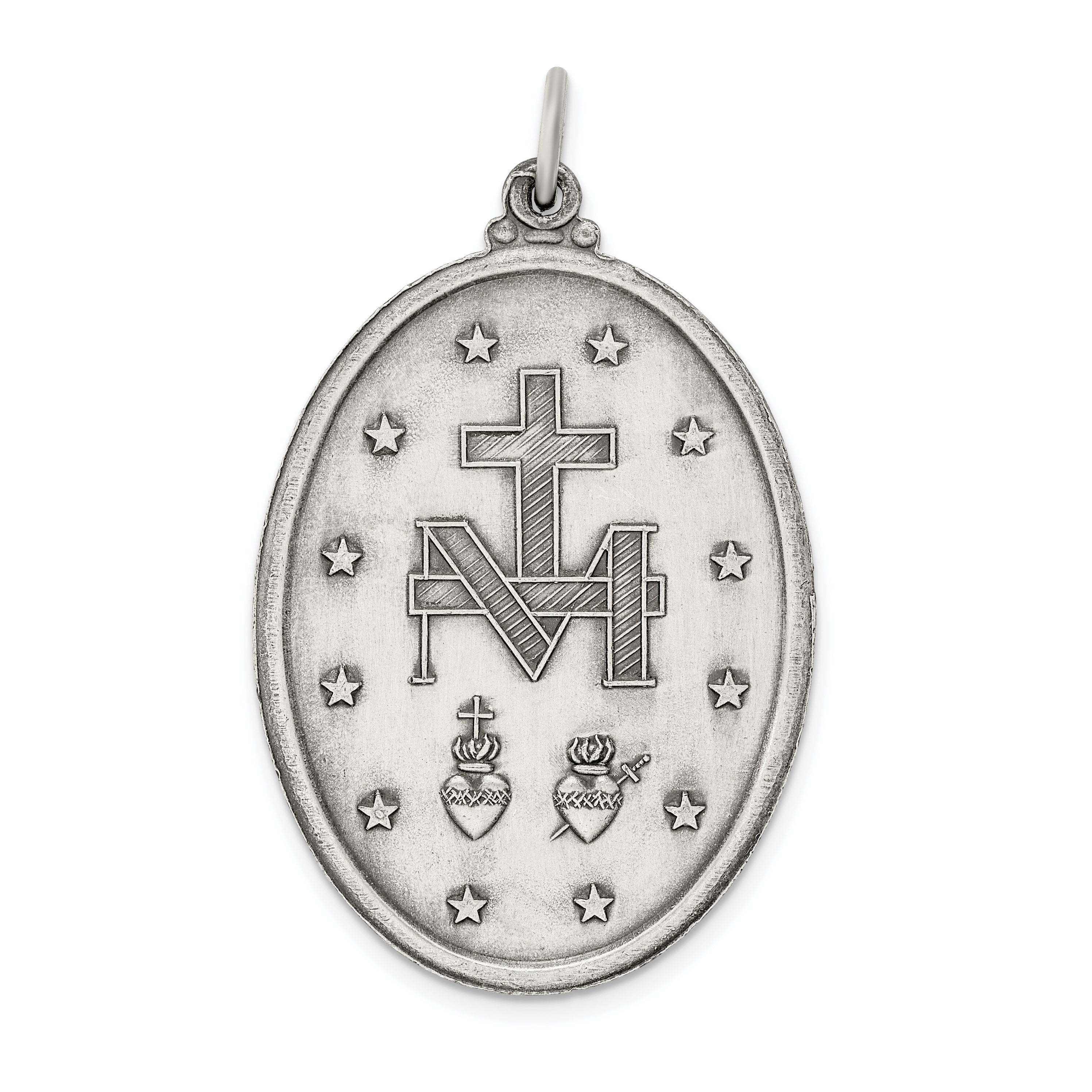 Sterling Silver 925 Antiqued Miraculous Medal Pendant Solid Vintage Design
