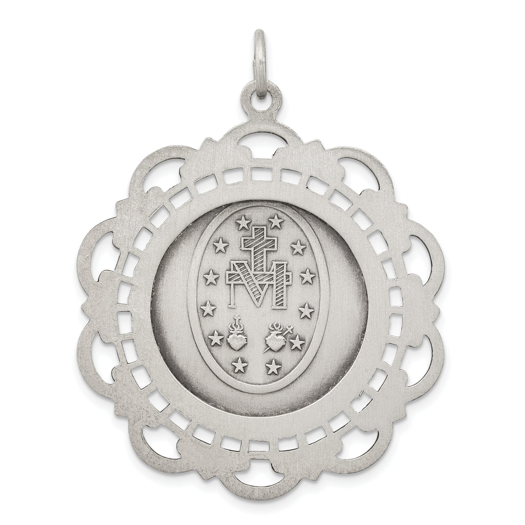 Sterling Silver 925 Antiqued Miraculous Medal Pendant Vintage-Inspired 45mm