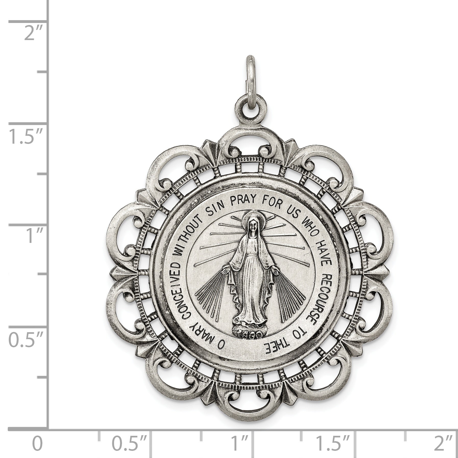 Sterling Silver 925 Antiqued Miraculous Medal Pendant Vintage-Inspired 45mm