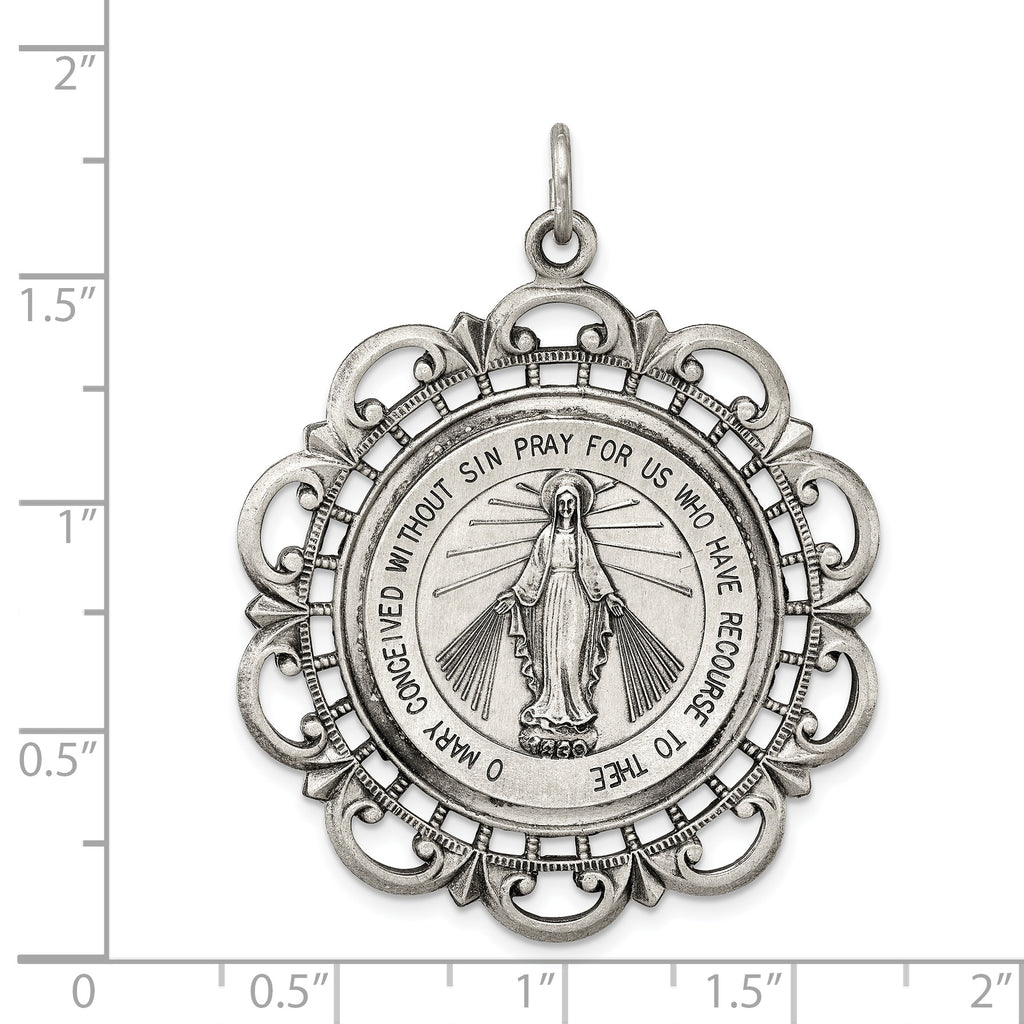 Sterling Silver 925 Antiqued Miraculous Medal Pendant Vintage-Inspired 45mm