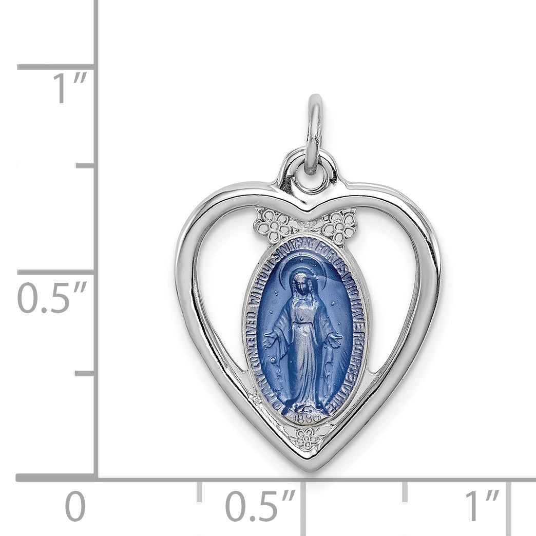 Sterling Silver 925 Miraculous Heart Pendant with Rhodium-Plated Finish and Blue Accents