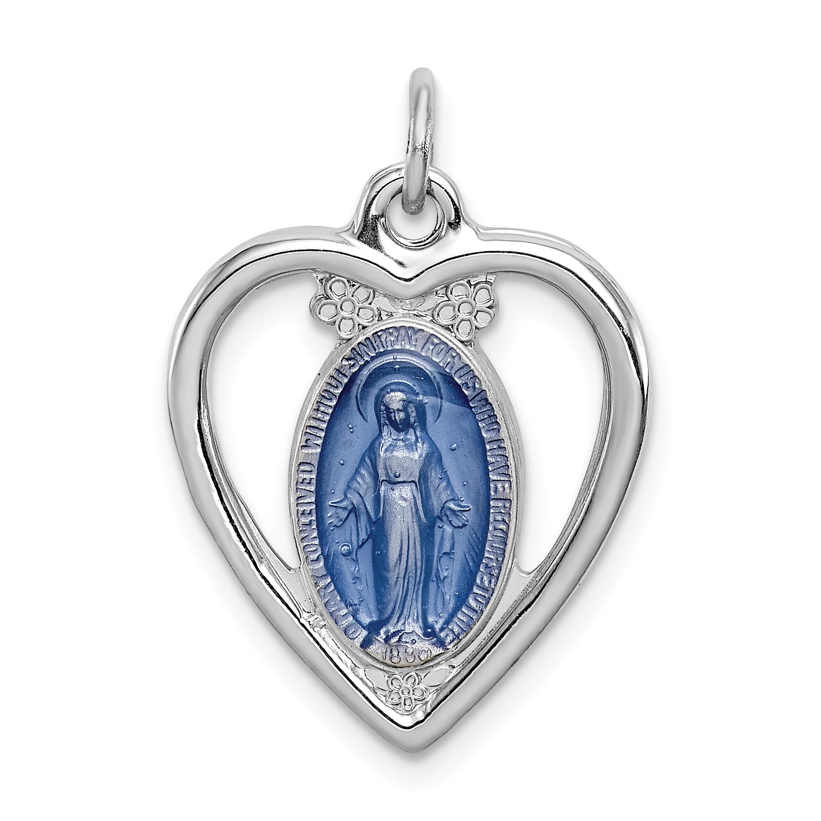 Sterling Silver Rhodium-plated Miraculous Heart Medal