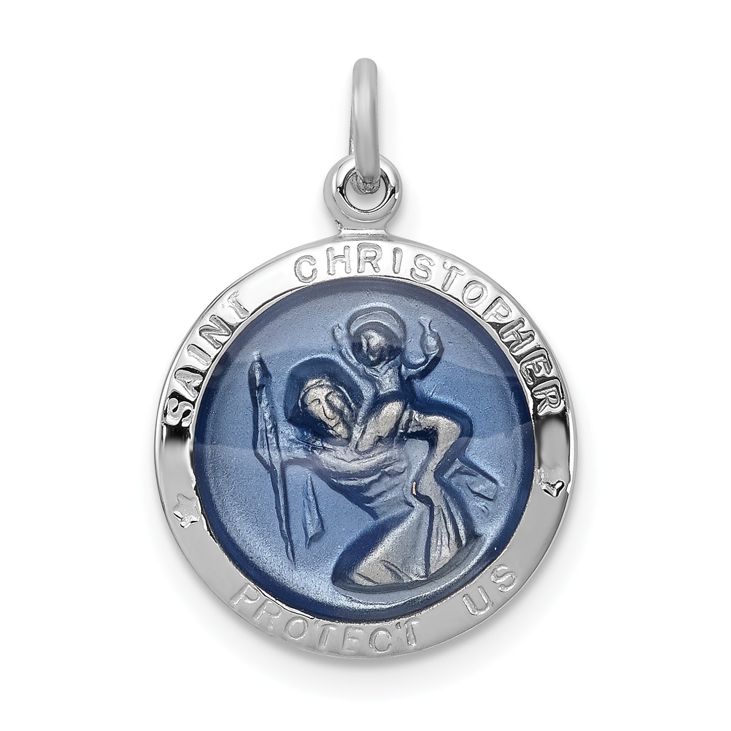 Sterling Silver Rhodium-plated Blue Epoxy St. Christopher Medal Main image