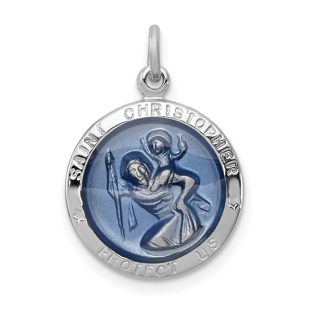 Sterling Silver Rhodium-plated Blue Epoxy St. Christopher Medal