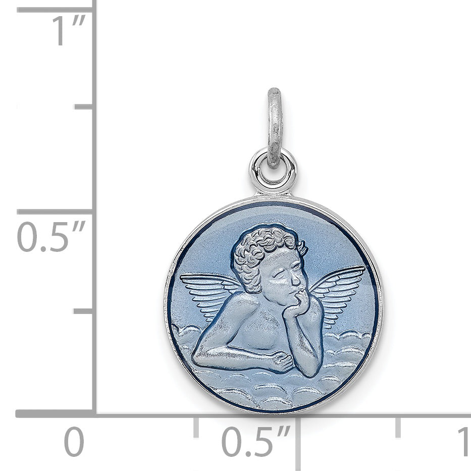 Sterling Silver Blue Epoxy Angel Charm with Polished Rhodium Finish