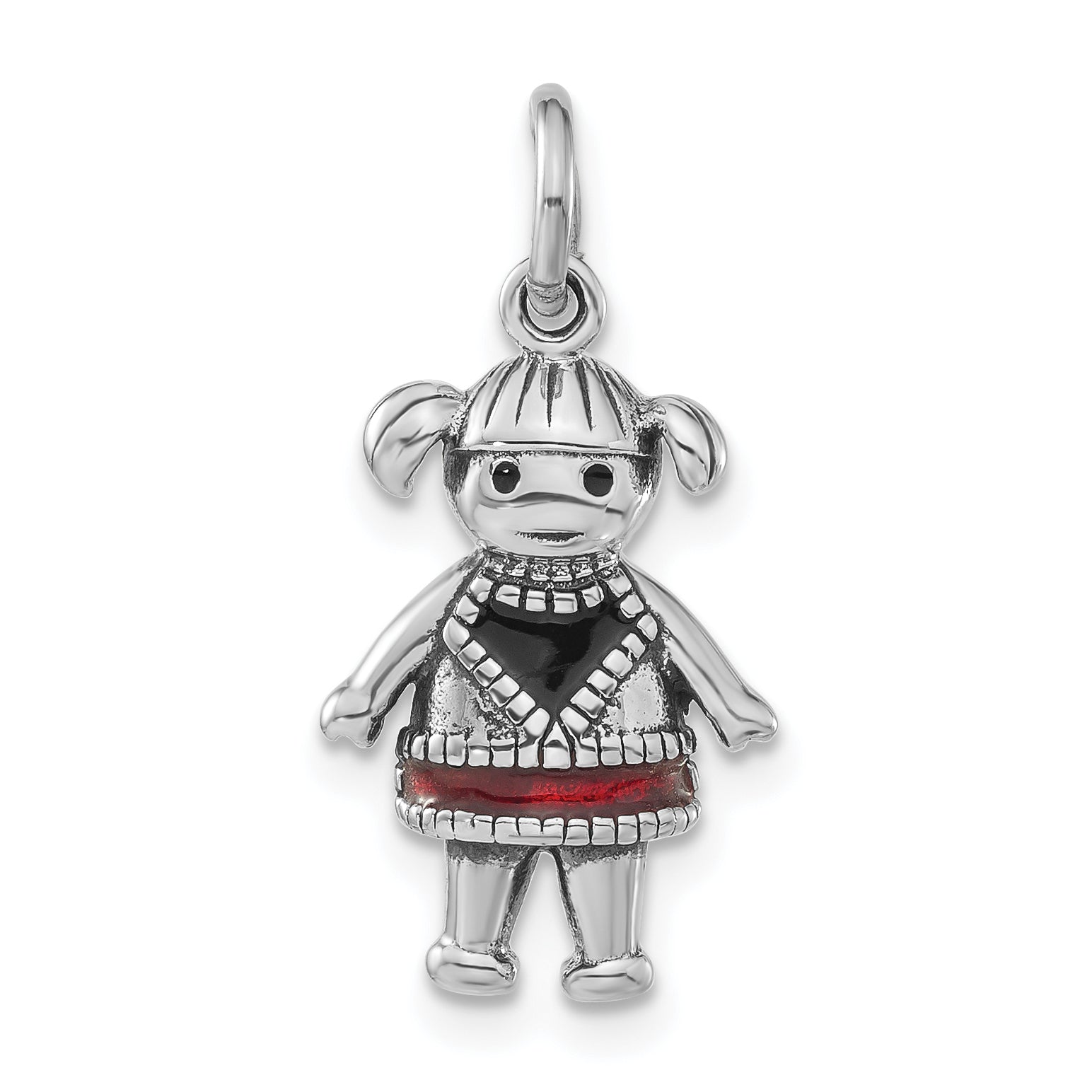 Sterling Silver Polished & Antiqued Red & Black Enamel Girl Charm Main image