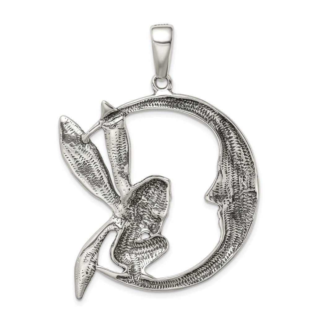 Vintage Inspired Sterling Silver Moon Fairy Pendant with Antiqued Finish