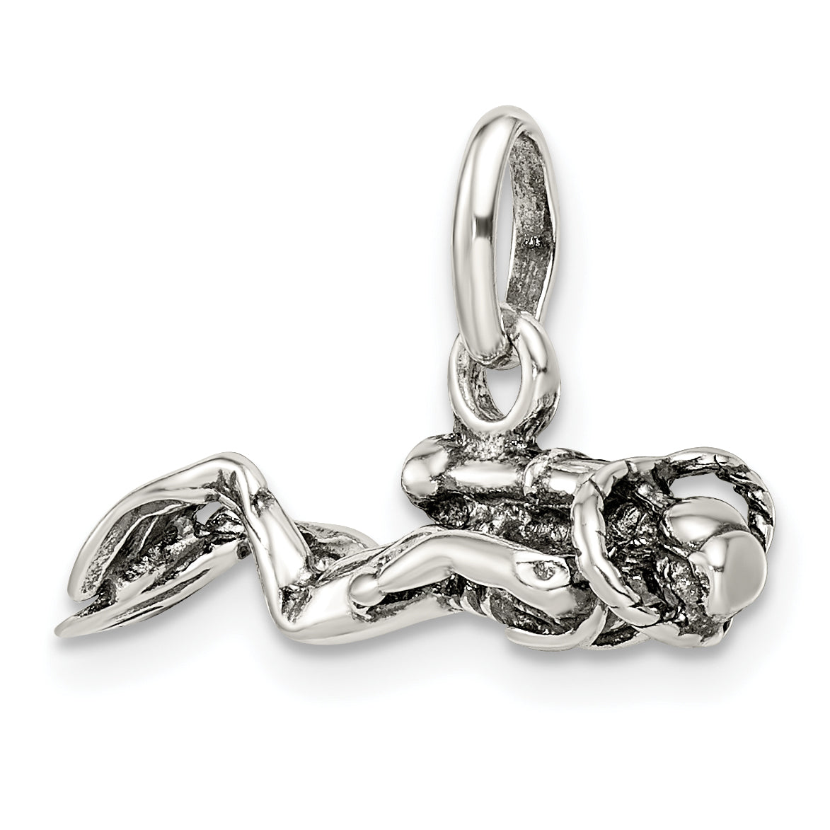 Sterling Silver 925 Antiqued Scuba Diver Charm with 3D Solid Design