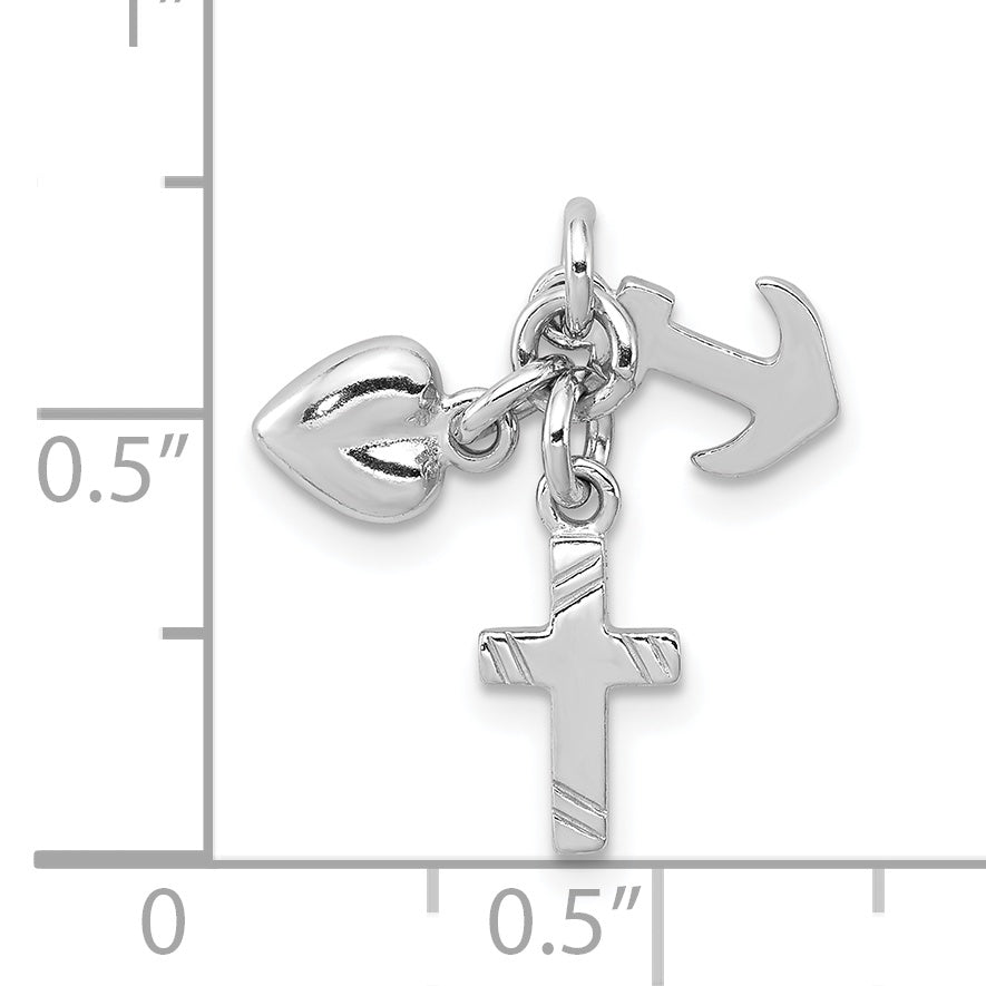 Sterling Silver 925 Faith, Hope & Charity Charm with Polished Rhodium Finish