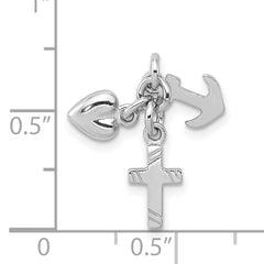 Sterling Silver 925 Faith, Hope & Charity Charm with Polished Rhodium Finish