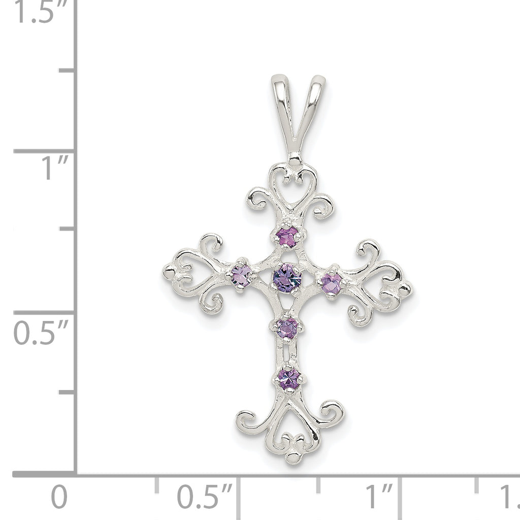 Sterling Silver 925 Purple CZ Cross Charm with Polished Finish