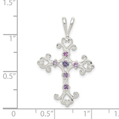 Sterling Silver 925 Purple CZ Cross Charm with Polished Finish