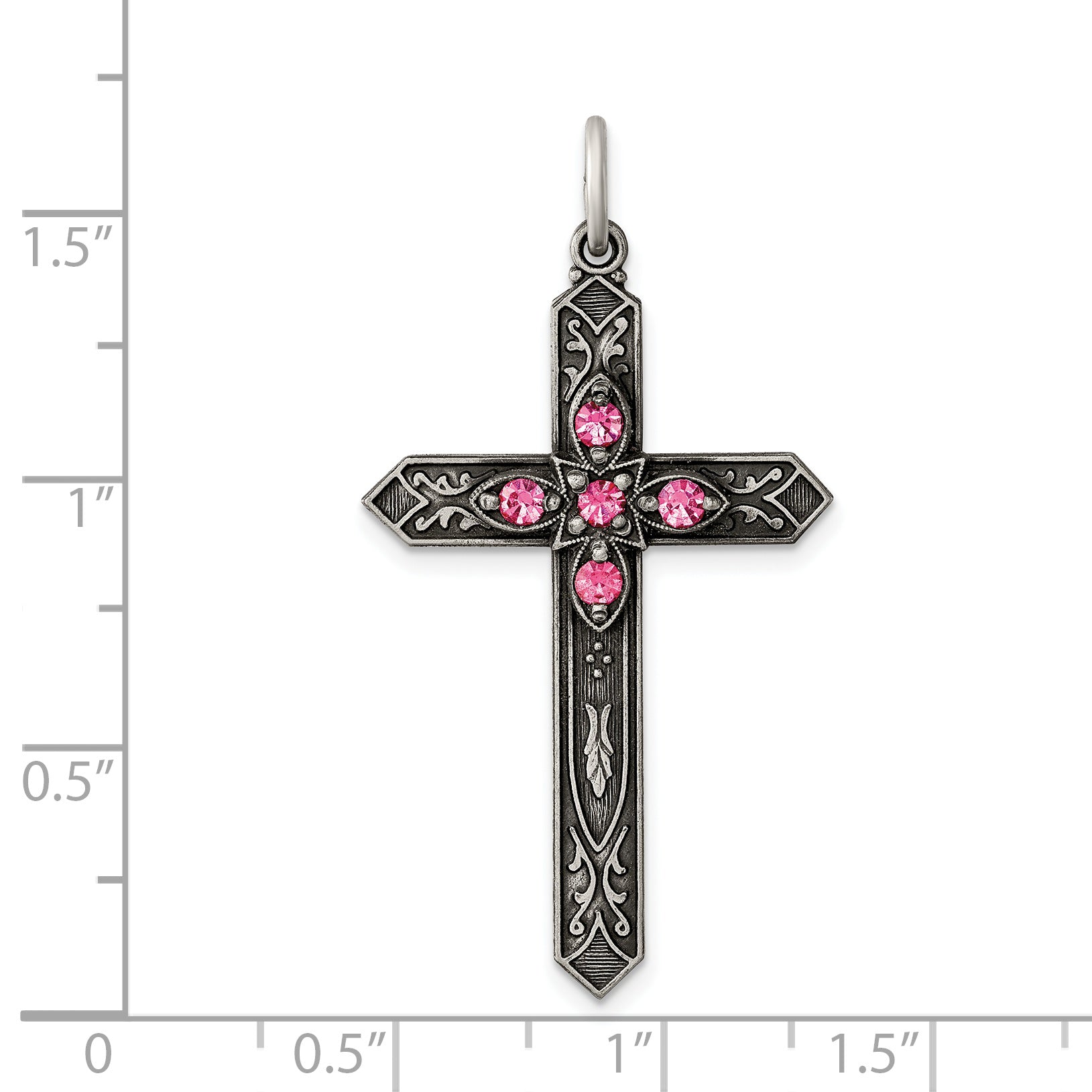 Sterling Silver Antiqued October Glass Birthstone Cross Pendant