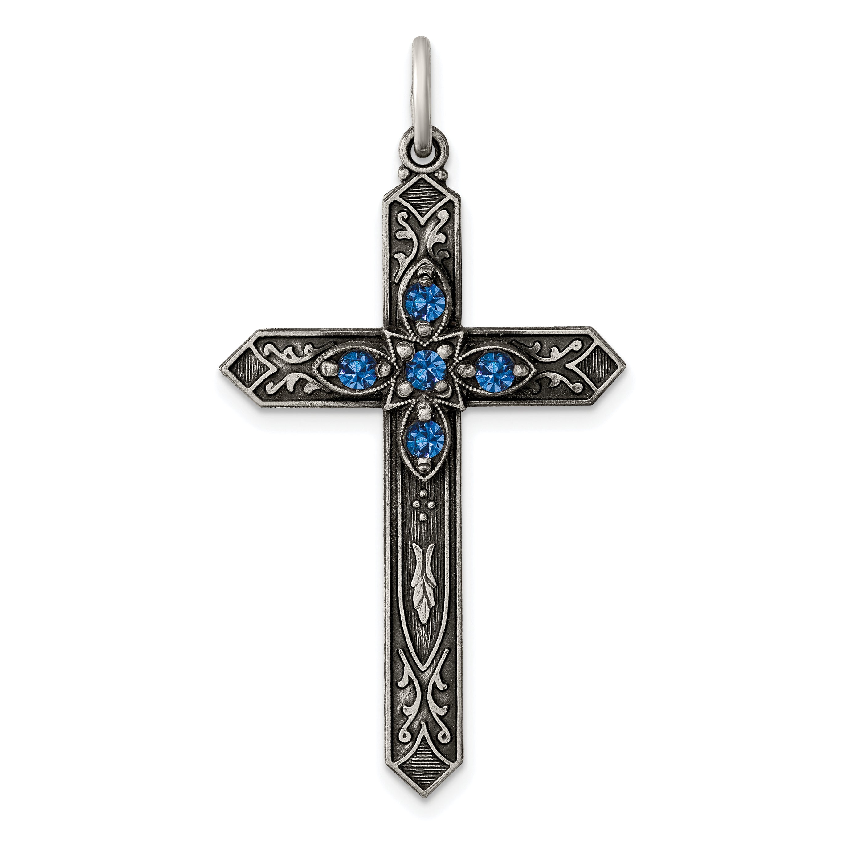 Sterling Silver Antiqued December Glass Birthstone Cross Pendant