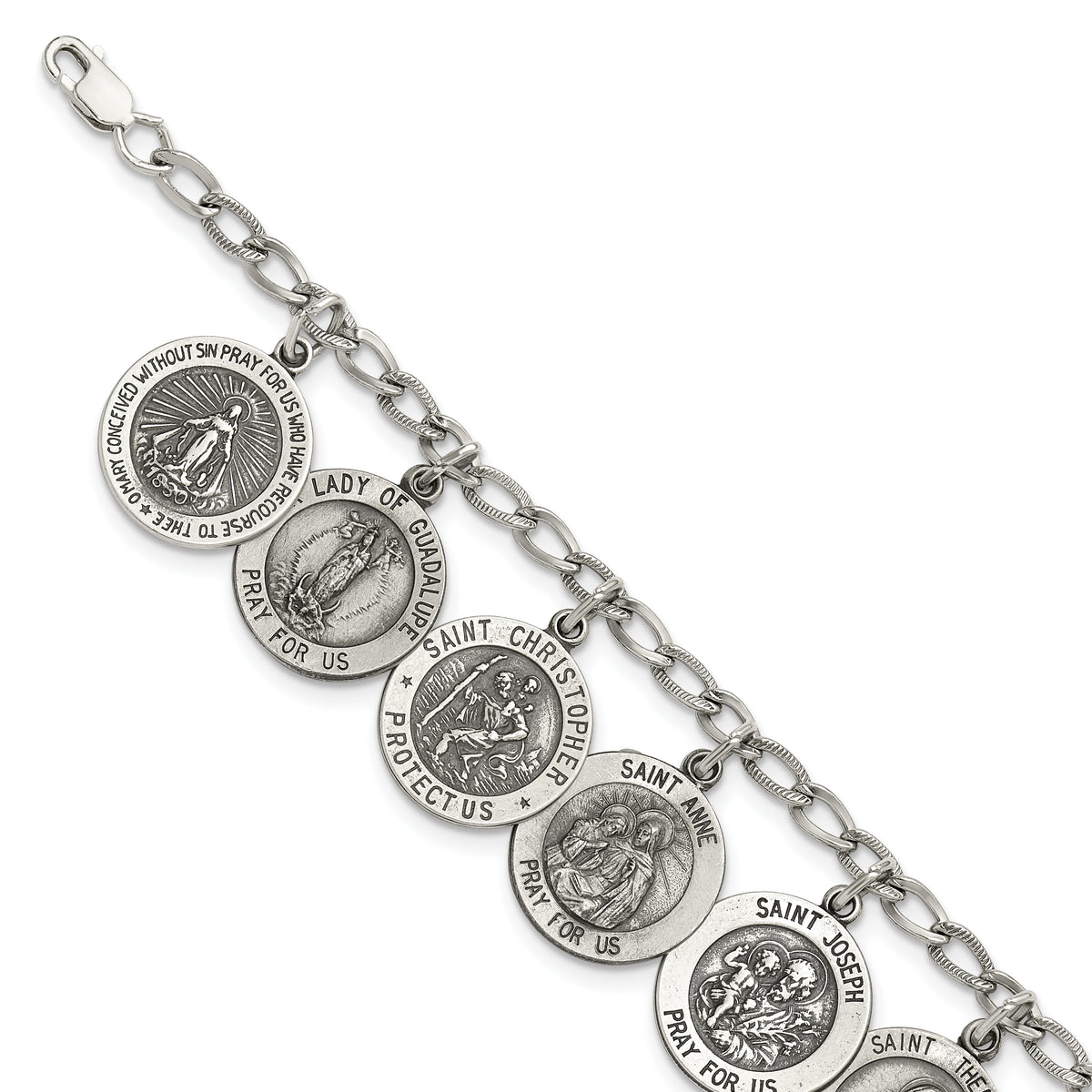 Sterling Silver Antiqued 12 Saints 8in Bracelet