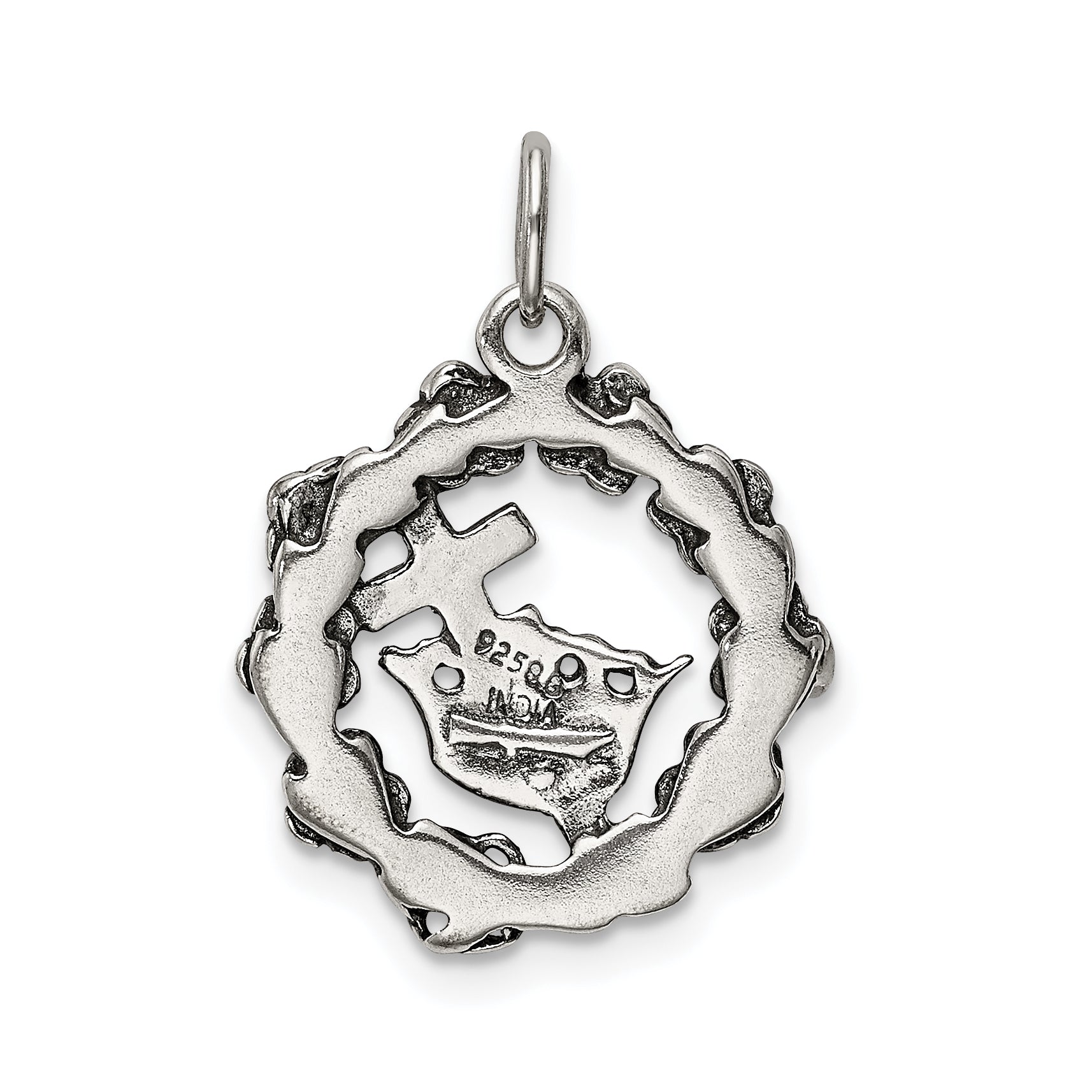 Sterling Silver 925 Antiqued Cross Pendant with Crown & Wreath Design