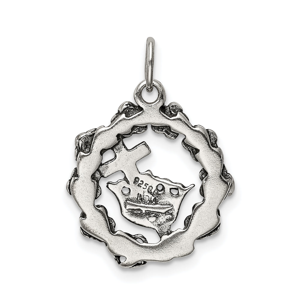 Sterling Silver 925 Antiqued Cross Pendant with Crown & Wreath Design