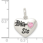 Sterling Silver Rhodium-Plated Big Sis Heart Charm with Pink CZ