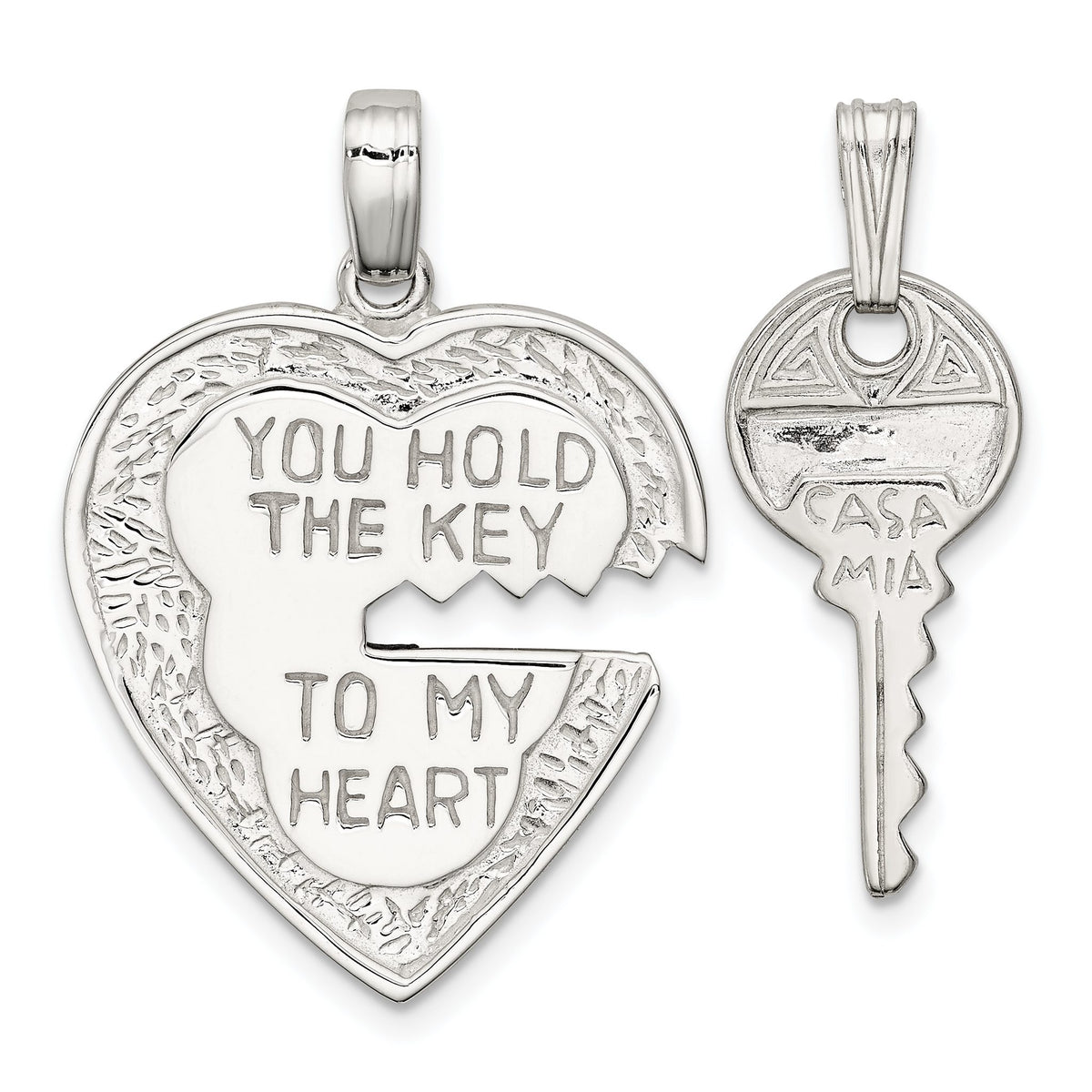 Heart and Key Charm in Sterling Silver, 30mm Textured - Sophia Jewelers Main image