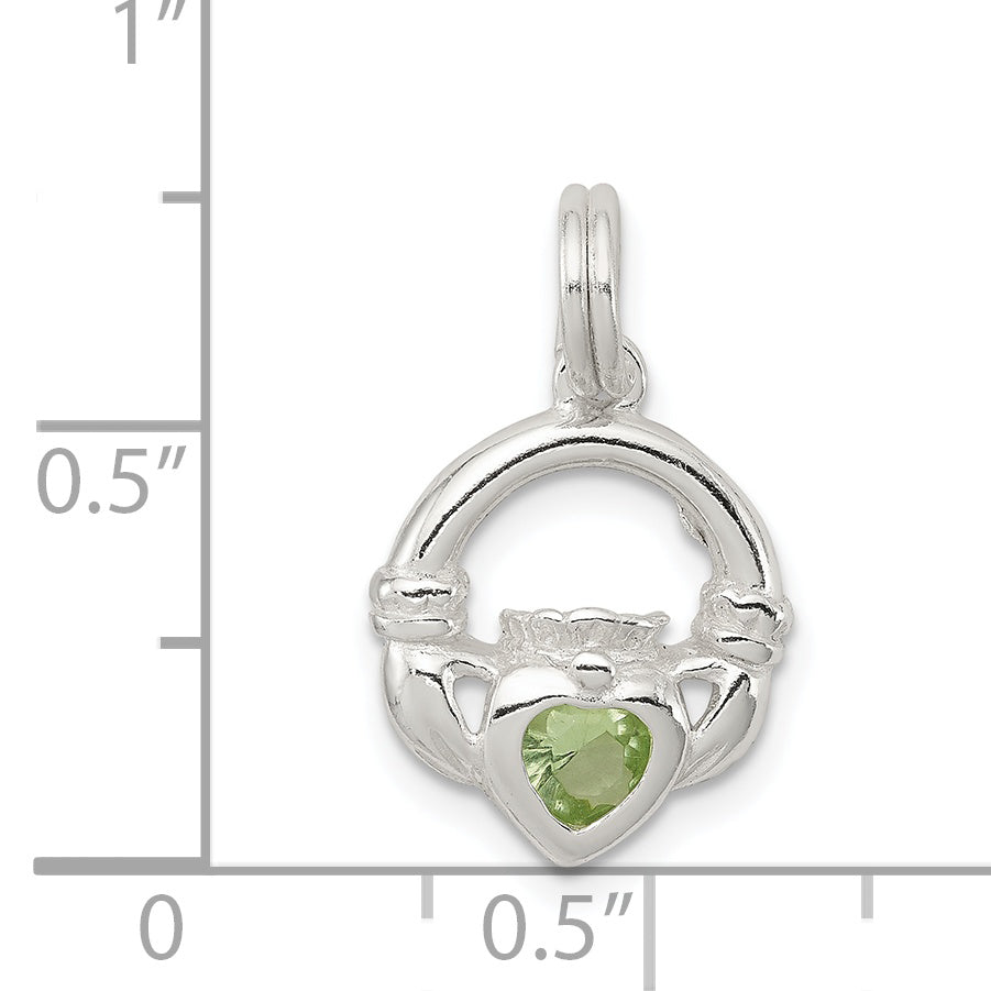 Sterling Silver Claddagh Charm with Green CZ Rhodium-Plated Finish