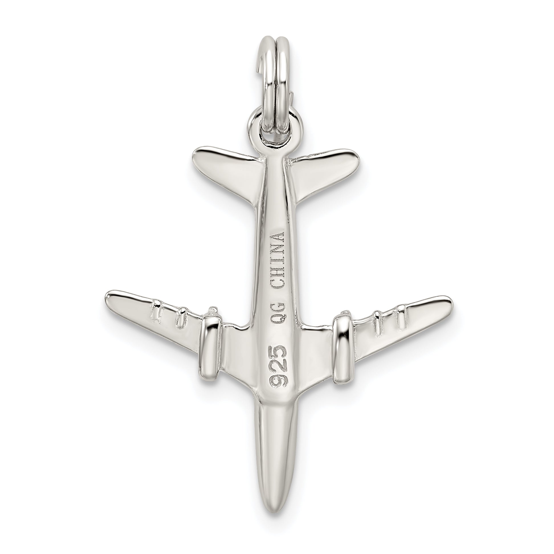 Sterling Silver 3D Airplane Charm with Polished Rhodium Finish for Men