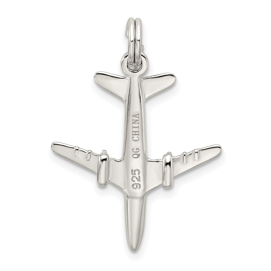 Sterling Silver 3D Airplane Charm with Polished Rhodium Finish for Men