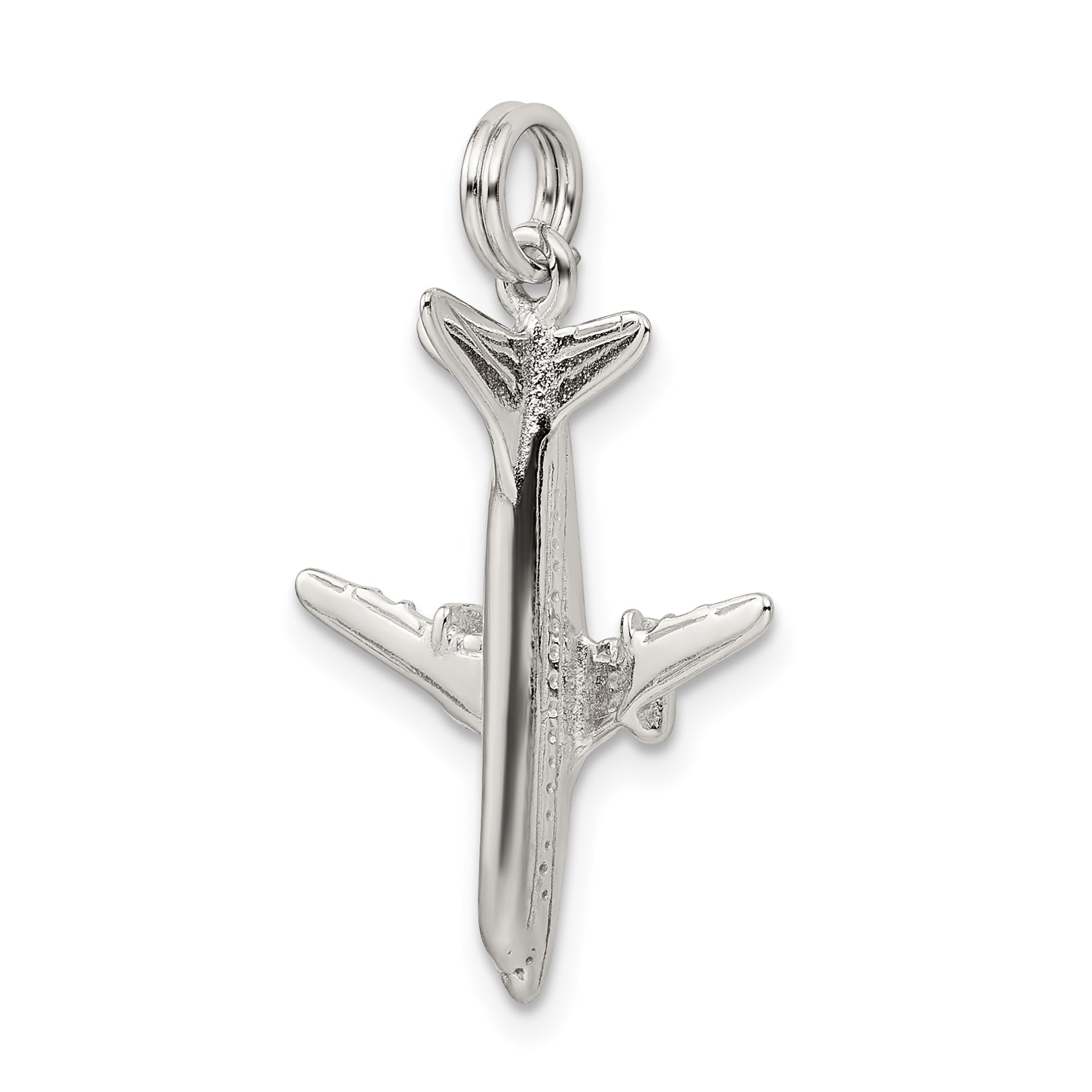 Sterling Silver 3D Airplane Charm with Polished Rhodium Finish for Men