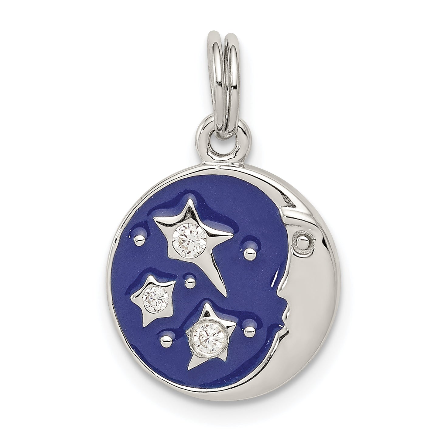 Sterling Silver Rhodium-plated Enameled and CZ Moon and Star Charm Main image